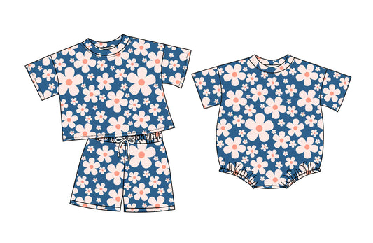 26.1.9 custom each style moq 5 eta 6-8week Sibling Sister floral baby girl short sleeve shorts sets and romper match design