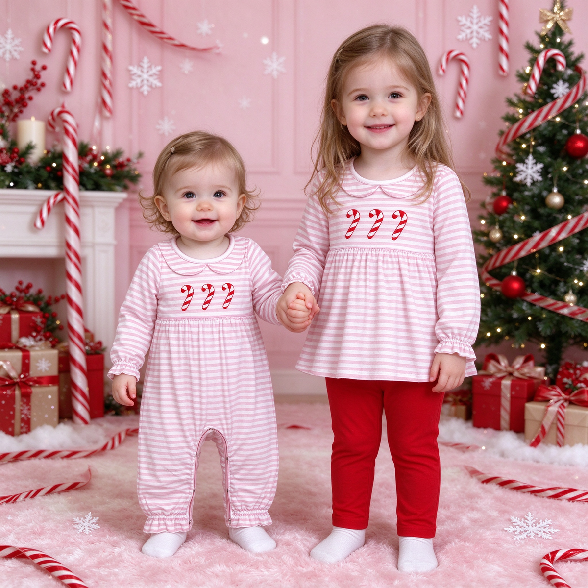 Baby Girls Christmas Stripe Candy Cane Collection - Peter Pan Collar Peplum Set & Romper