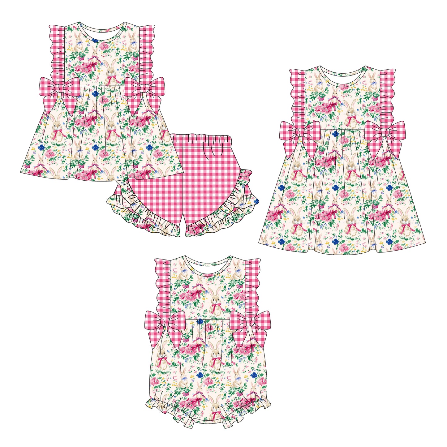 26.1.5 custom each style moq 5 eta 6-8week Sibling Sister easter bow floral baby short sleeve shorts sets and romper and dress match design