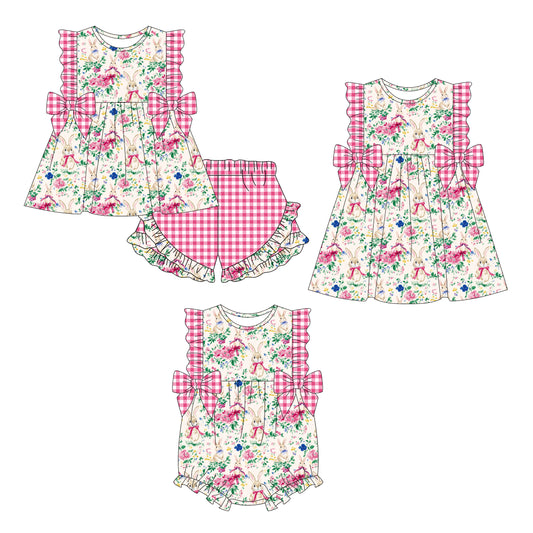 26.1.5 custom each style moq 5 eta 6-8week Sibling Sister easter bow floral baby short sleeve shorts sets and romper and dress match design