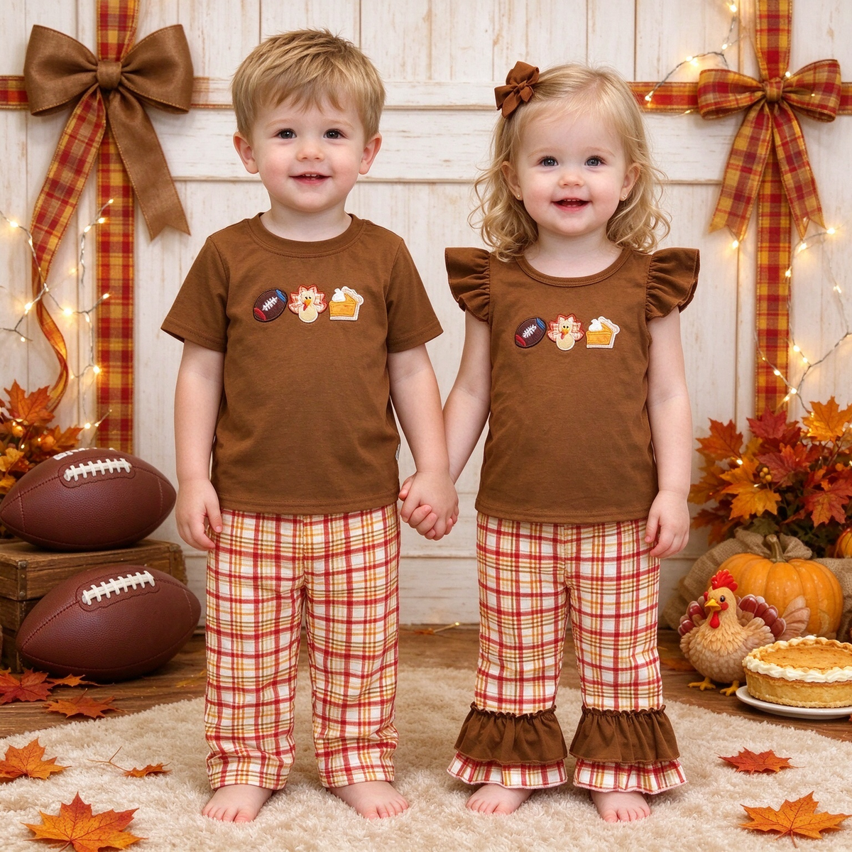 Thanksgiving Pie Sibling Collection - Baby Boys Pie Print Pants Set & Baby Girls Pie Ruffle Pants Set