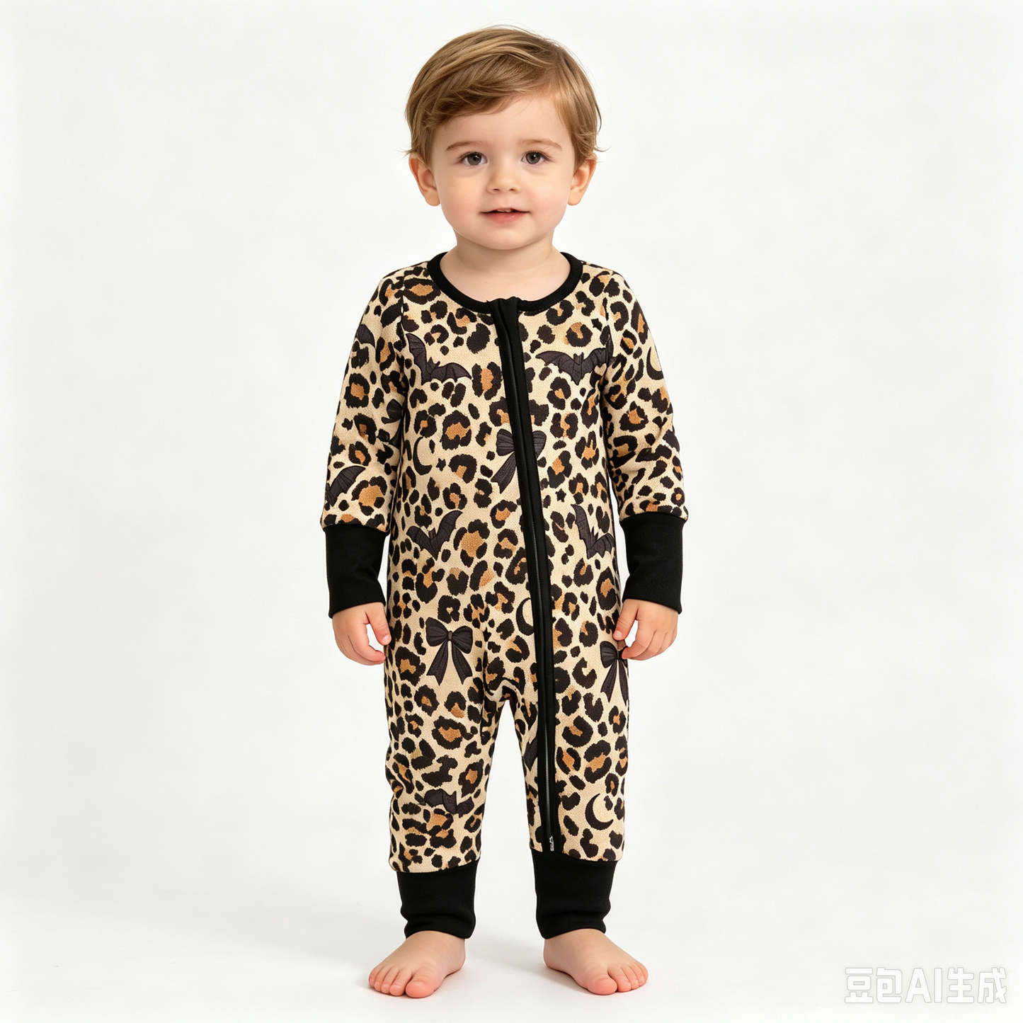 (Sample) No moq milk silk LR3242 Baby Boys Leopard Bats Halloween Print Two Way Zip Front Convertible Romper