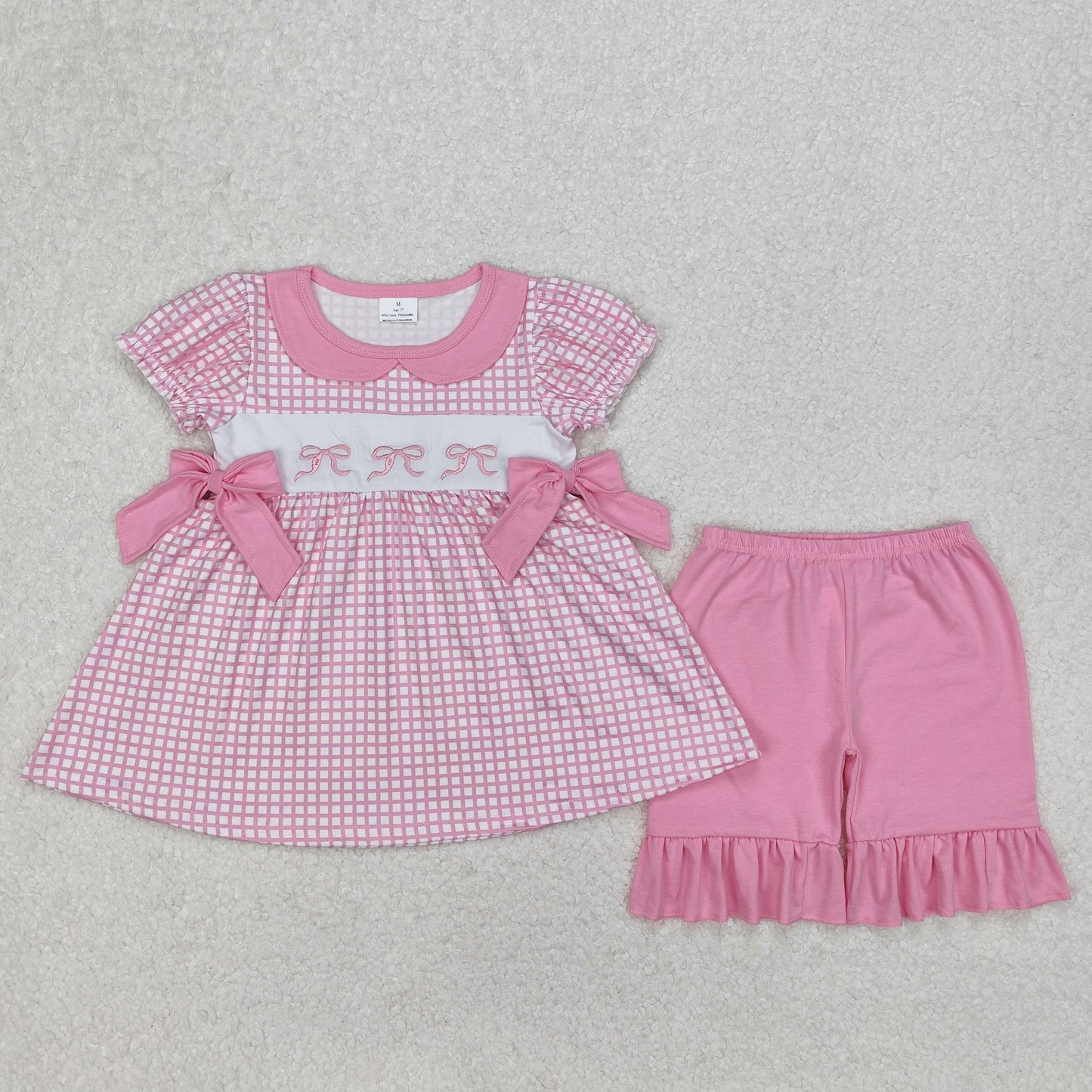 RTS NO MOQ ETA 5/7days Arrived GSSO1879 Embroidered bow pattern doll collar pink plaid short-sleeved shorts suit