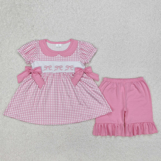RTS NO MOQ ETA 5/7days Arrived GSSO1879 Embroidered bow pattern doll collar pink plaid short-sleeved shorts suit