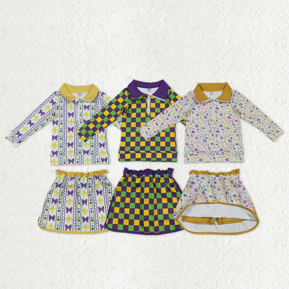 RTS NO MOQ Sibling baby girl clothes yoga mardi gras long-sleeved skirt suits