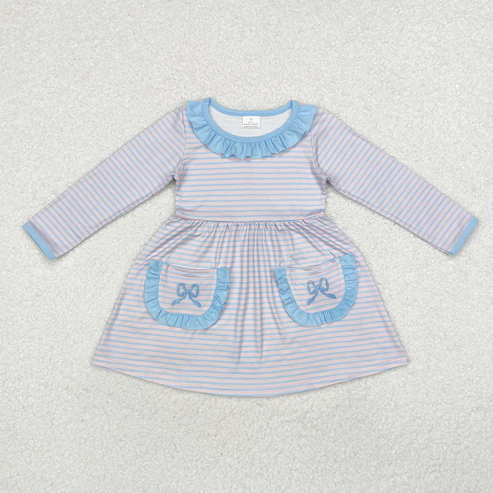 RTS NO MOQ Blue bow pleated neckline blue and purple striped long sleeve dress & romper