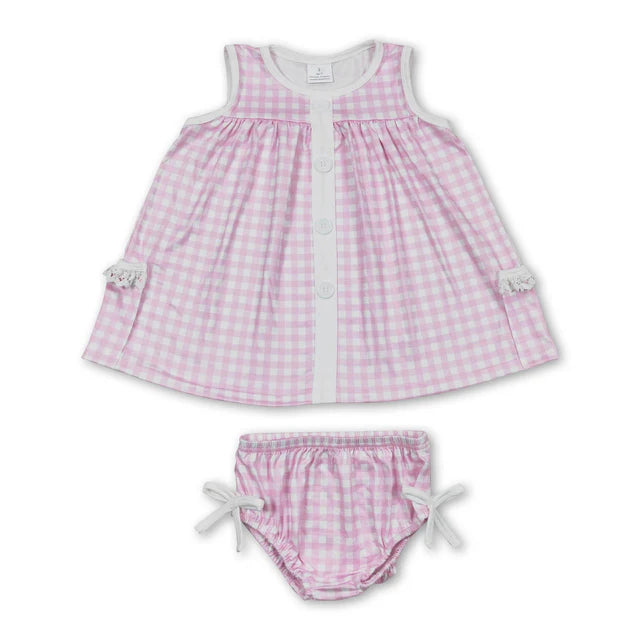 RTS NO MOQ Sibling Baby Girls Pink Checkered Tunic Top Bummies Clothes Sets