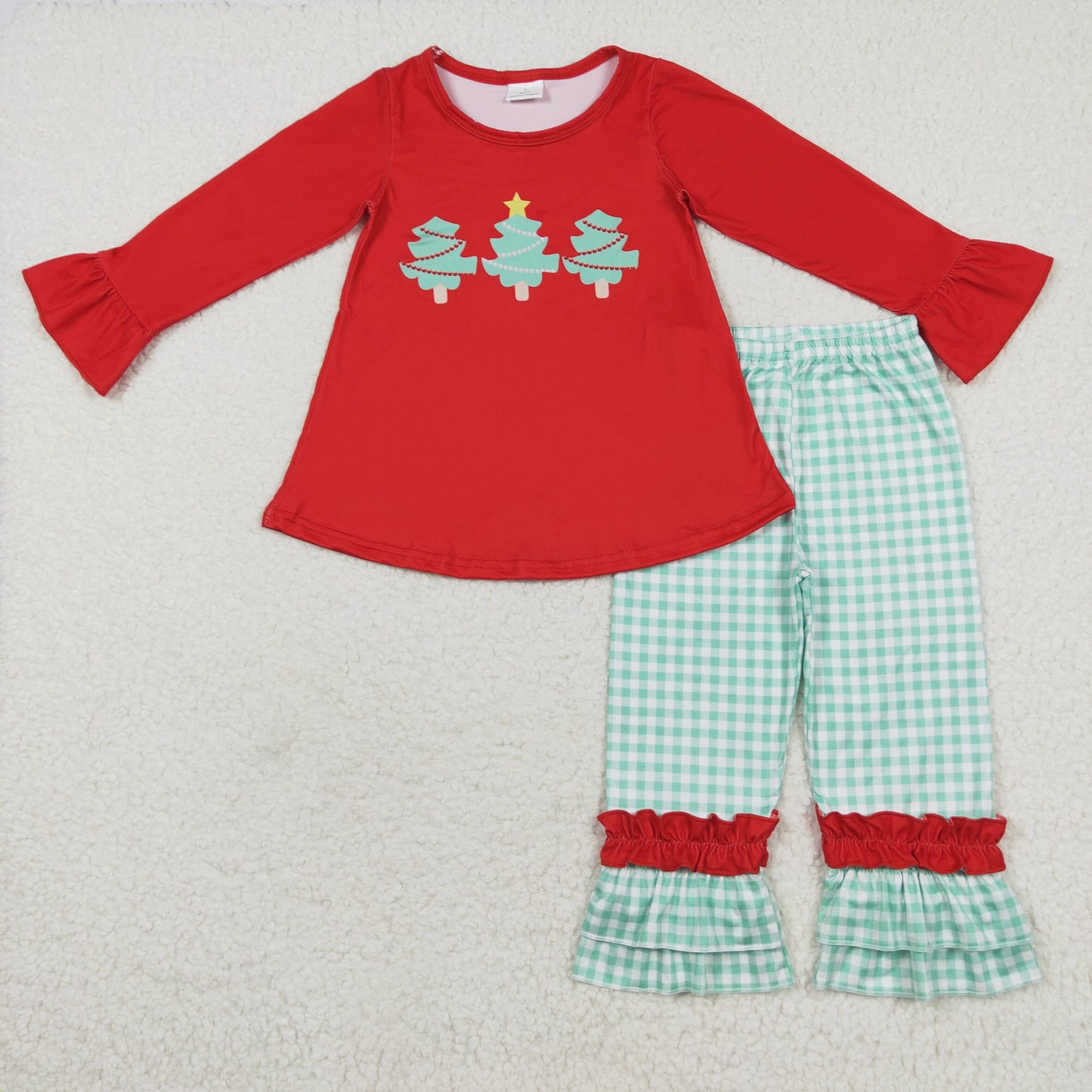 RTS NO MOQ Sibling Baby Girls Christmas trees red long-sleeved trousers suit & rompes