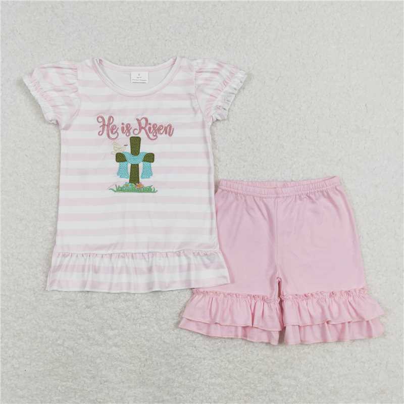 RTS NO MOQ（In Stock) embroidery Hei is risen Easter short-sleeved shorts sets