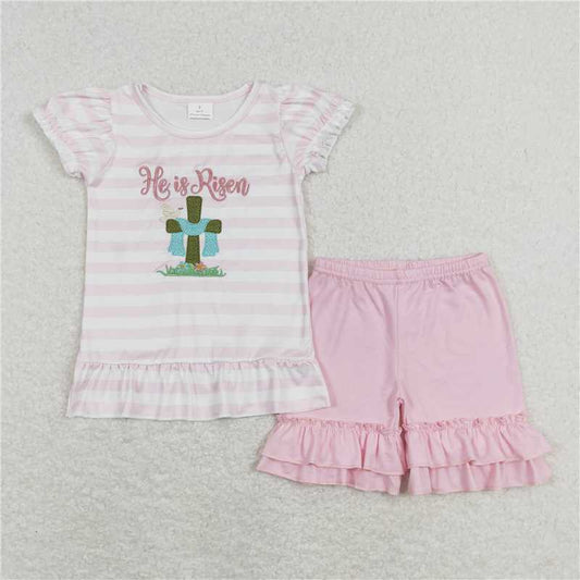 RTS NO MOQ（In Stock) embroidery Hei is risen Easter short-sleeved shorts sets
