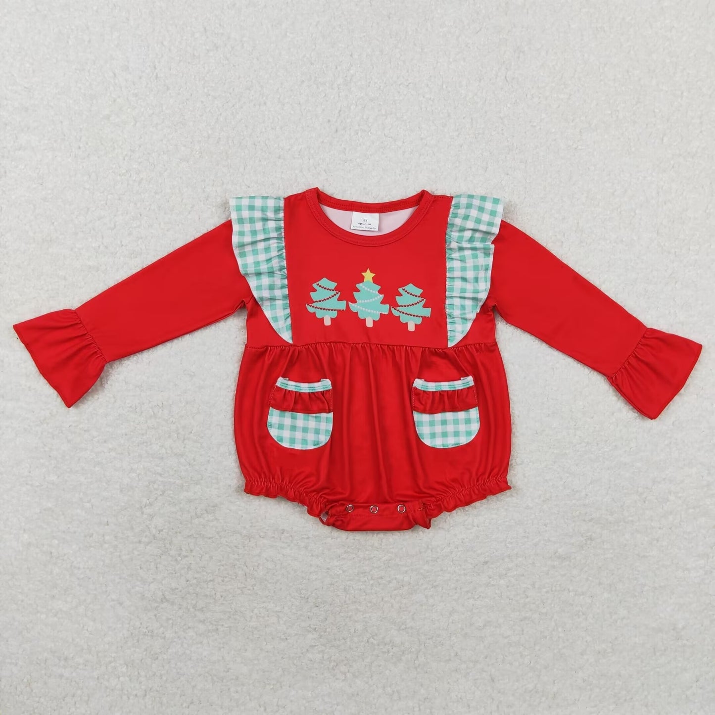 RTS NO MOQ Sibling Baby Girls Christmas trees red long-sleeved trousers suit & rompes
