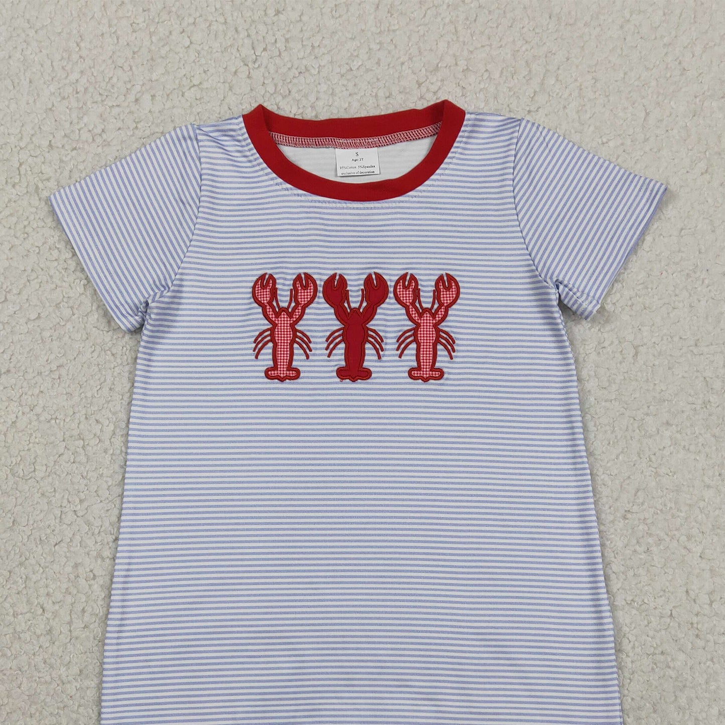 RTS NO MOQ milk silk SR4007 Baby Boys Cute Crayfish Embroidery Blue Stripe Casual Rompers