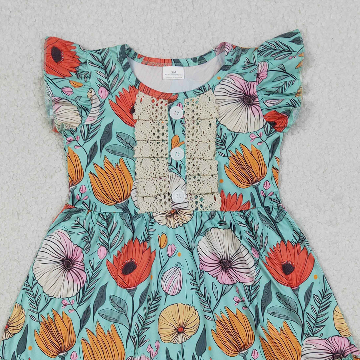 RTS NO MOQ GSD4093 Baby Girls Knee-Length Dress with Flutter Sleeves Colorful Flowers Button Ruffle(3-4T-14T）