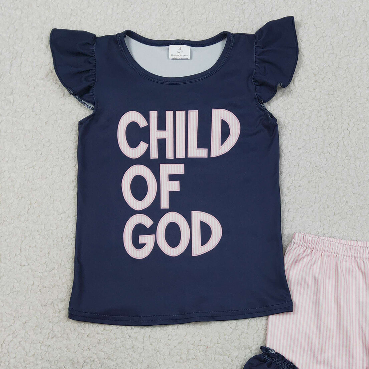 RTS NO MOQ GSSO2933  Baby Girls' 'Child of God' Top And Ruffle Shorts Outfit Set with Flutter Sleeves for Infants And Toddlers