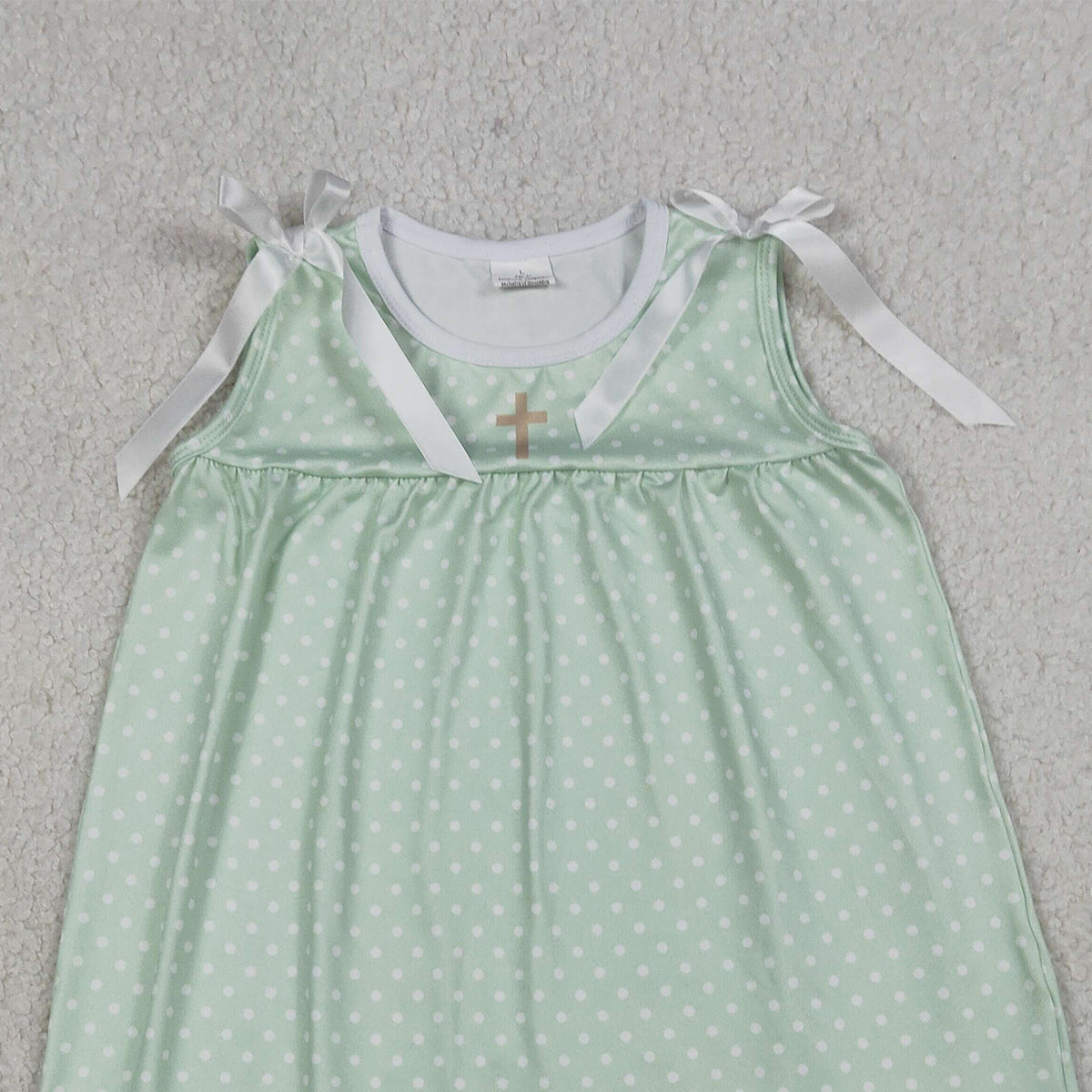 RTS NO MOQ GSD2860 Baby Girls Green Polka Dots Knee Length Ruffle Dress Easter Cross Outfit