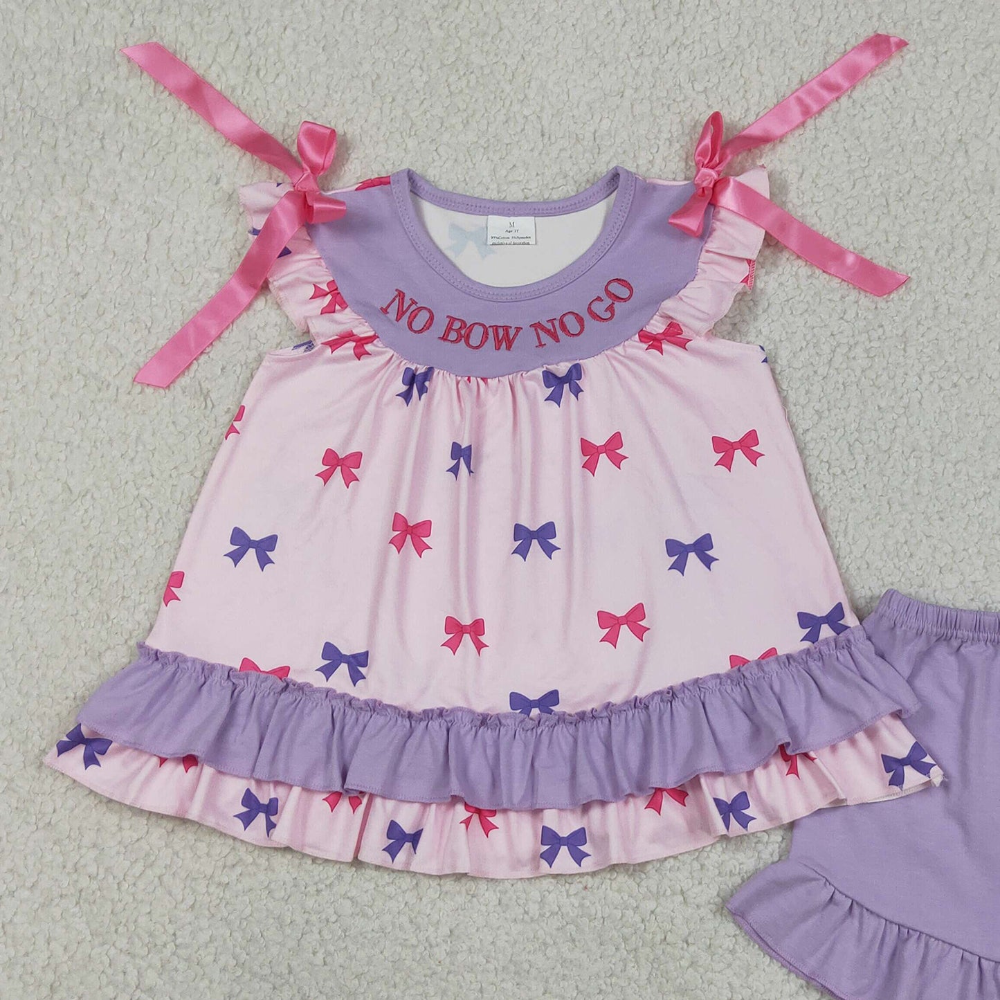RTS NO MOQ milk silk GSSO3460 Baby Girls Embroidery Letter No Bows No Go Tunic Ruffle Shorts Sets
