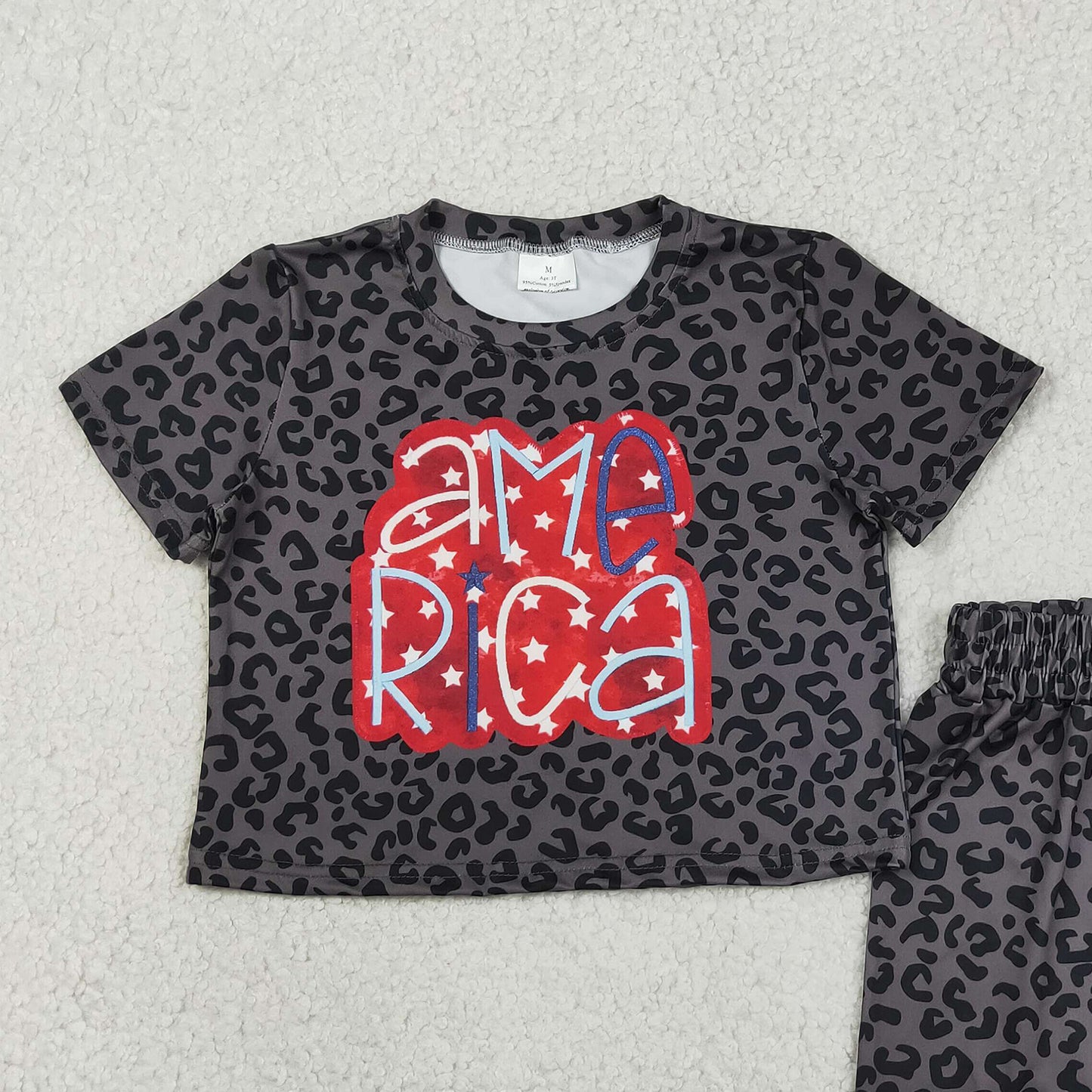 RTS NO MOQ GSSO2576 Baby Girls 4th Of July Summer Black Leopard American Star Slouchy Daily Wear Set