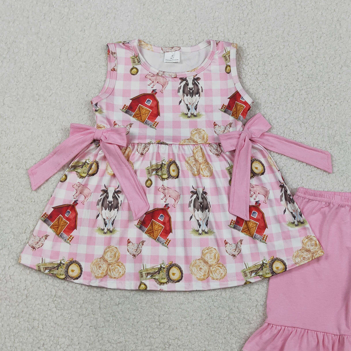 RTS NO MOQ GSSO3100 Baby Girls Sleeveless Pink Checked Tunic with Ruffle Shorts Farm Animal Print Outfit Set for Infants