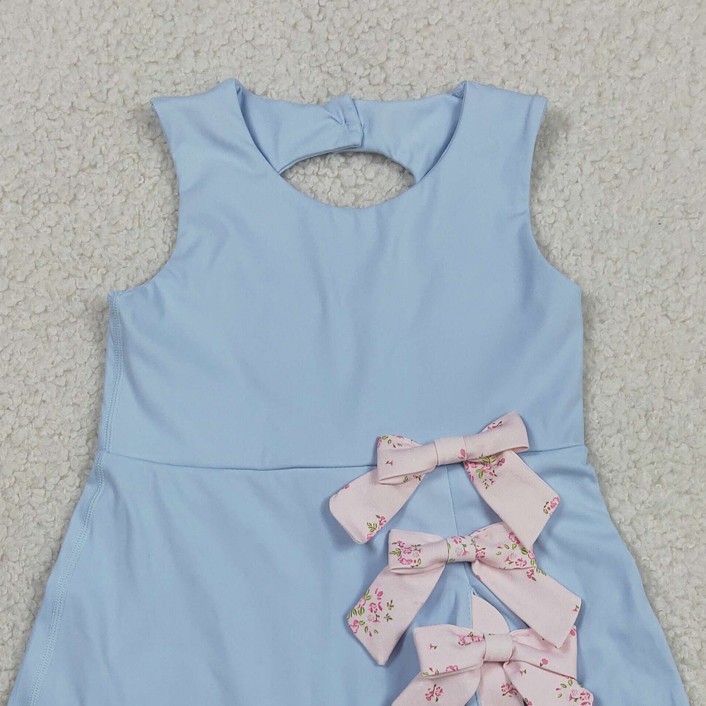 RTS NO MOQ GSD3030 Baby Girls Cute Light Blue Bows Yoga Scallop Knee Length Dress