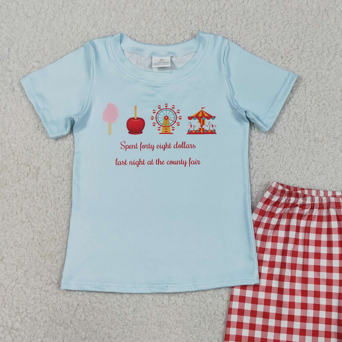 RTS NO MOQ BSSO1482 Baby Boys Blue Short Sleeve Top with Red Plaid Shorts Outfit Set for Infants