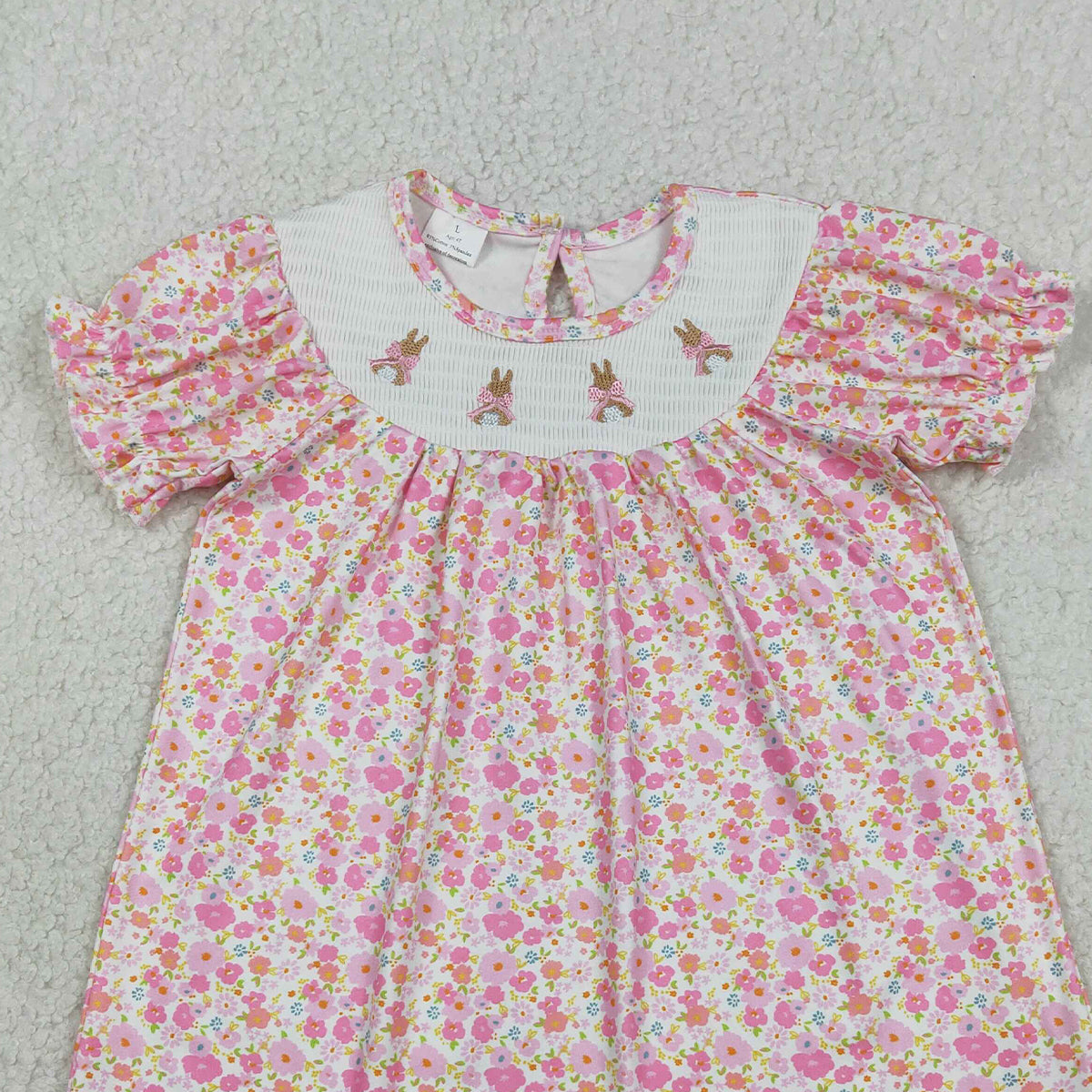 RTS NO MOQ GSD3406 Baby Girls Pink Flowers Easter Dress Smocked Bows Rabbits Knee Length Dress for Spring Summer