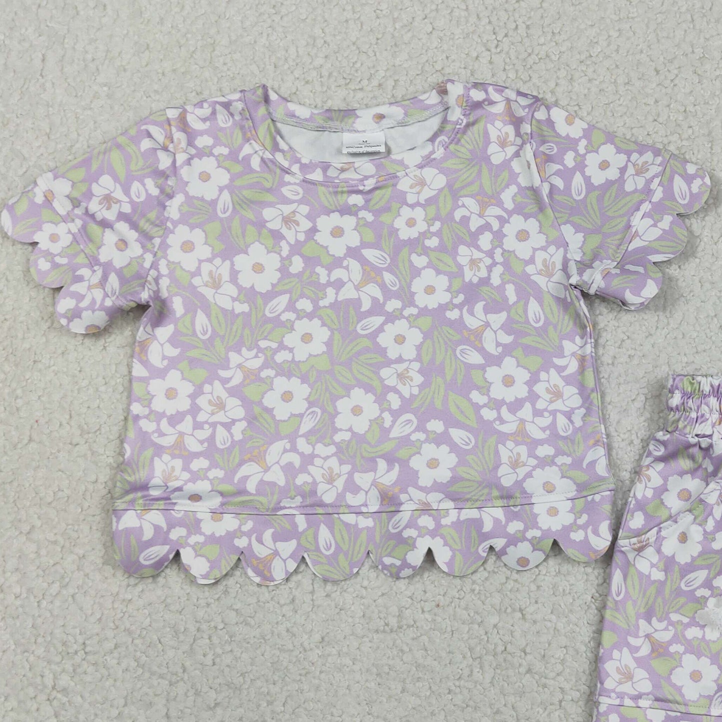 RTS NO MOQ milk silk GSSO3265 Baby Girls  Scallop Edge Colorful Flowers Short Sleeve Top Shorts Sets
