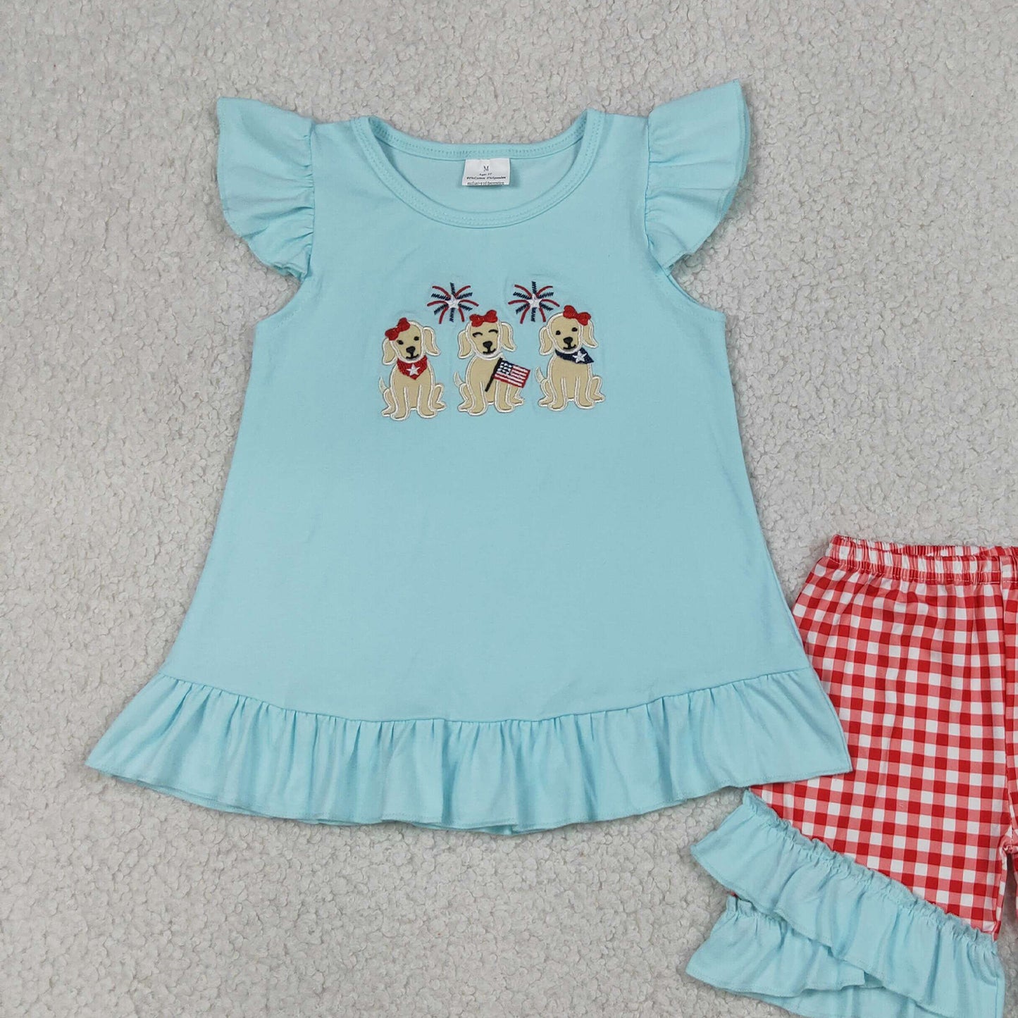 RTS NO MOQ milk silk GSSO3356 Embroidery Baby Girls Cute Flag Dogs Tunic Ruffle Checked Shorts Set 4th of July  Clothes