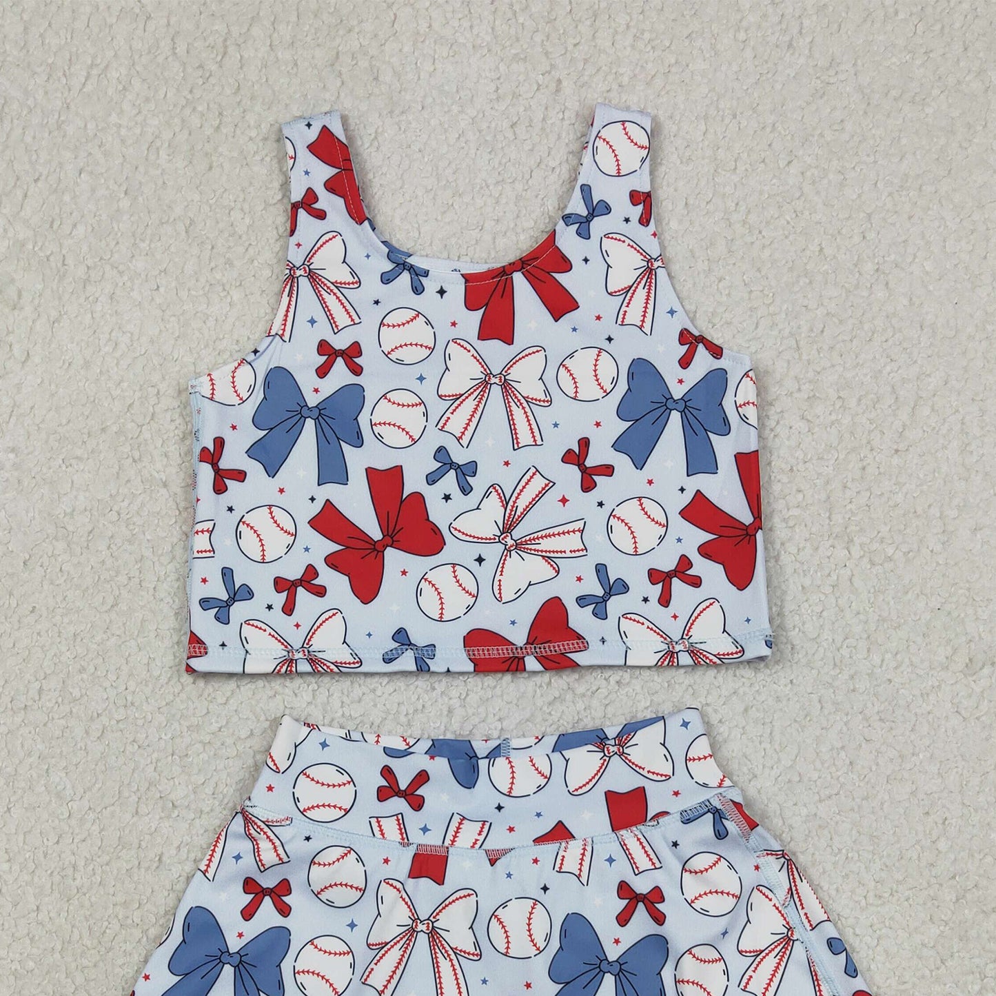 RTS NO MOQ GSD2151 yoga fabric Baby Girls Cute Bows 4th Of July Baseball Vest Skirt Yoga Set