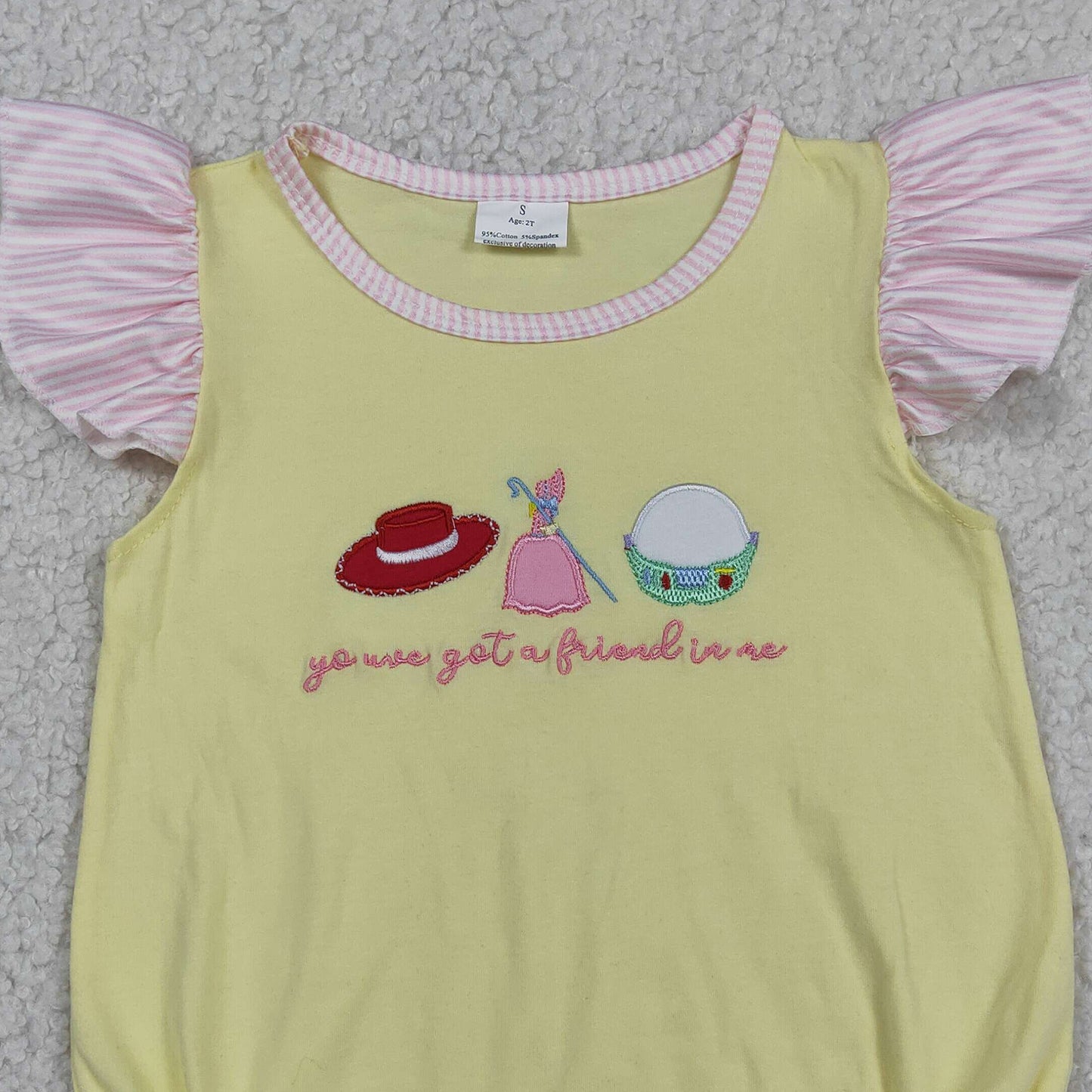 RTS NO MOQ milk silk SR4105 Baby Girls Got a Friend Embroidery Hats Flutter Sleeve Rompers