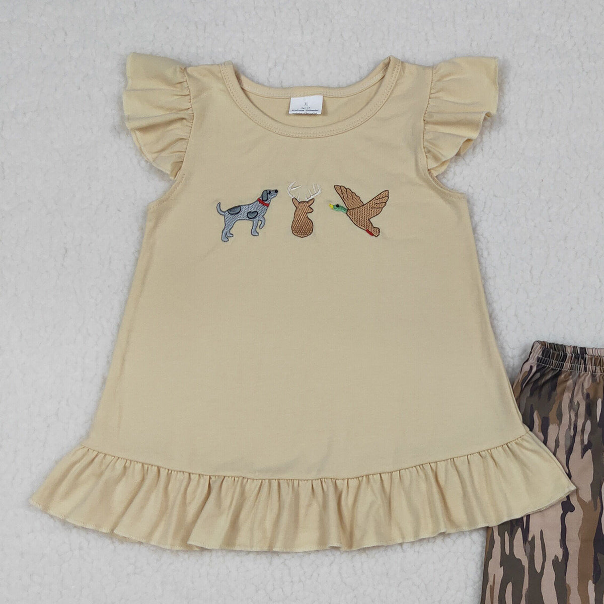 RTS NO MOQ GSSO3335 Baby Girls Hunting Embroidery Tunic And Olive Camo Shorts Set with Dog Ducks Deer