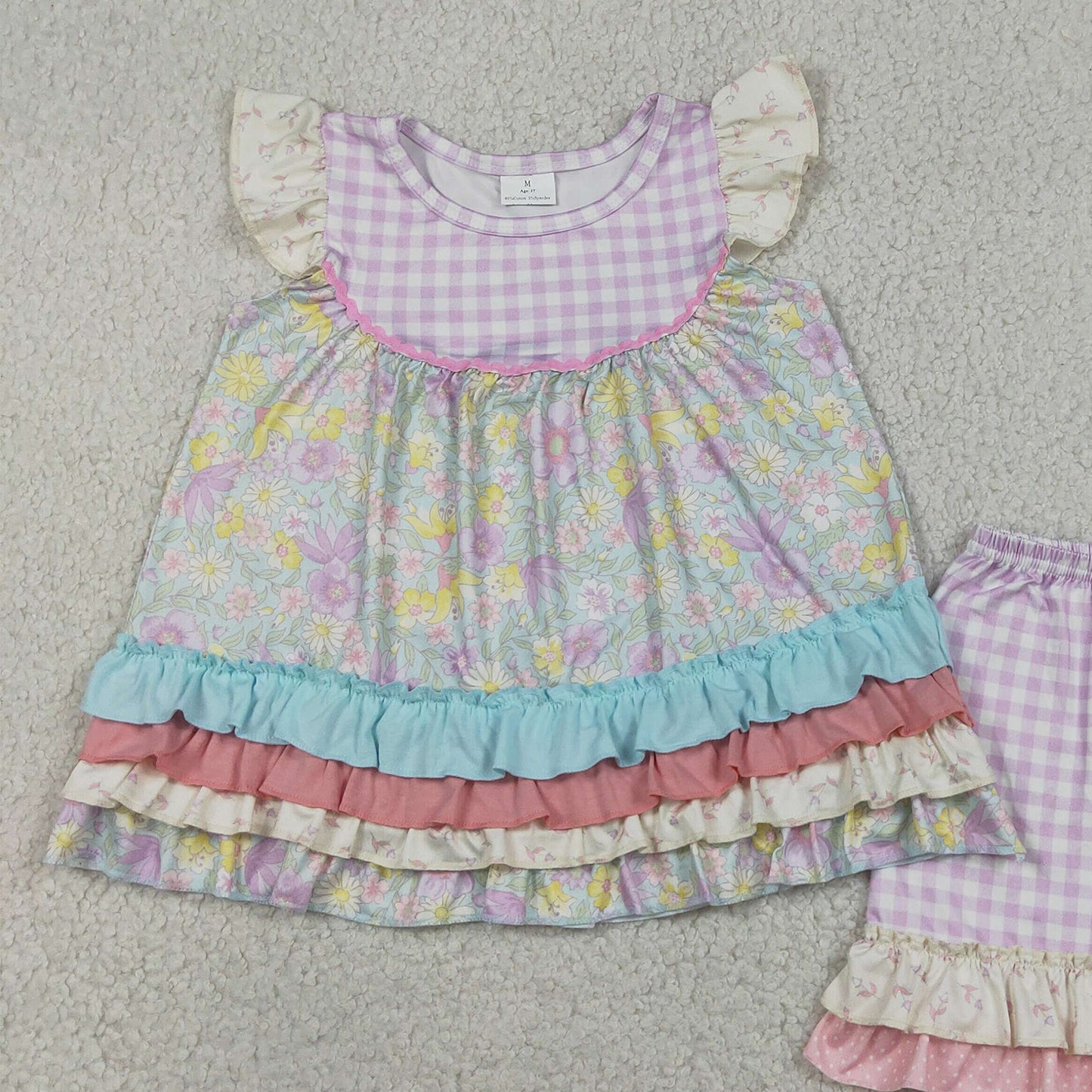 RTS NO MOQ milk silk GSSO3485 Colorful Flower Patchwork Tunic Ruffle Short Sets For Baby Girls