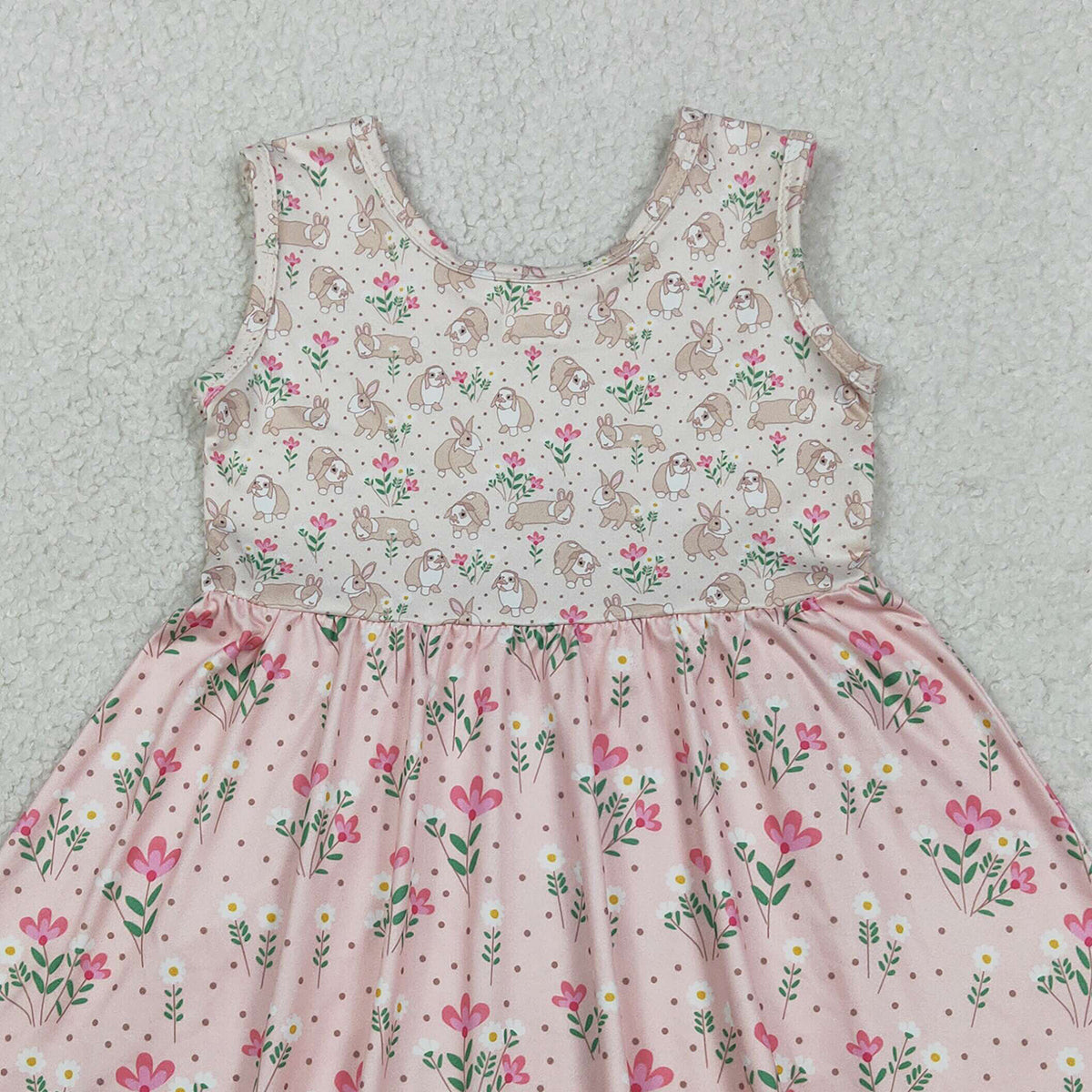 RTS NO MOQ GSD2984  Baby Girls Sleeveless Easter Dresses with Rabbits And Flowers Print Knee-Length Dress for Spring