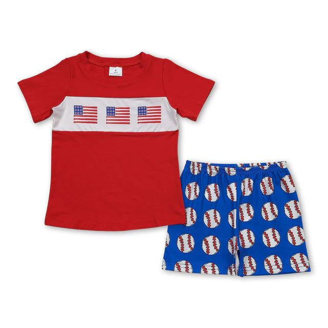 RTS NO MOQ Sibling Baby Boys Baseball Flags Shirt Top Shorts Clothes Sets