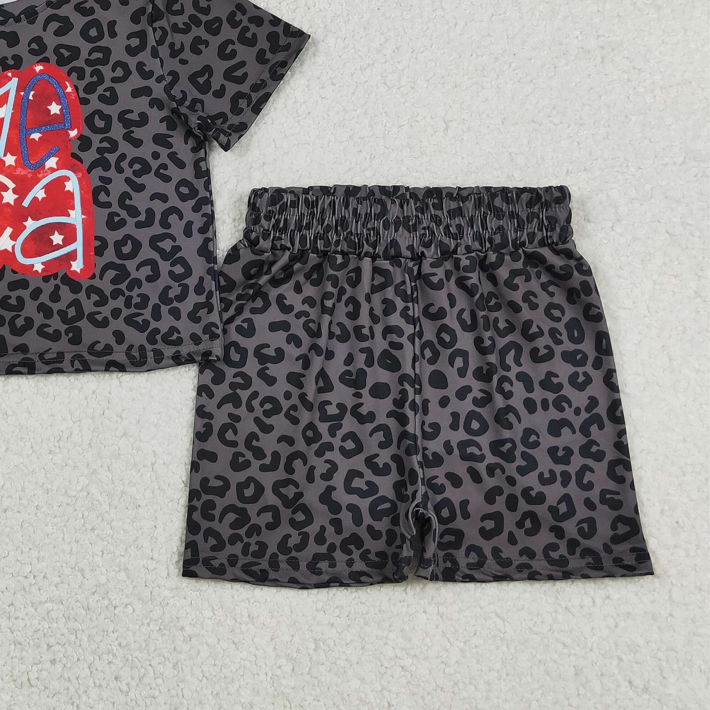 RTS NO MOQ GSSO2576 Baby Girls 4th Of July Summer Black Leopard American Star Slouchy Daily Wear Set