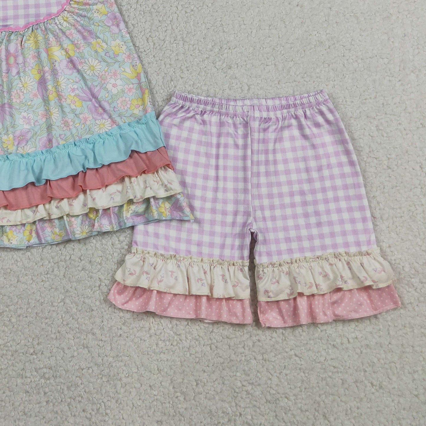 RTS NO MOQ milk silk GSSO3485 Baby Girls Colorful Floral Patchwork Tunic Ruffle Shorts Set