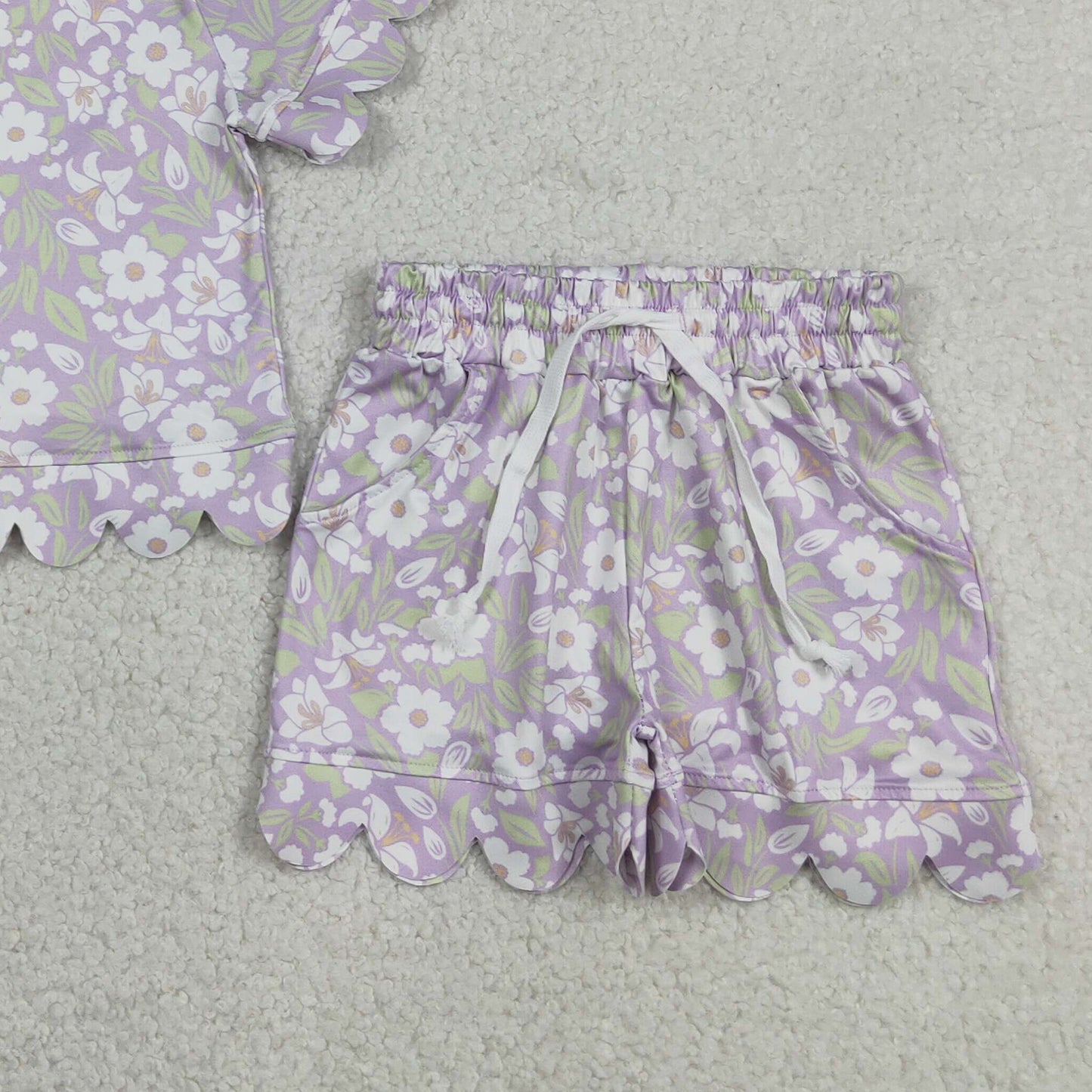 RTS NO MOQ milk silk GSSO3265 Baby Girls  Scallop Edge Colorful Flowers Short Sleeve Top Shorts Sets