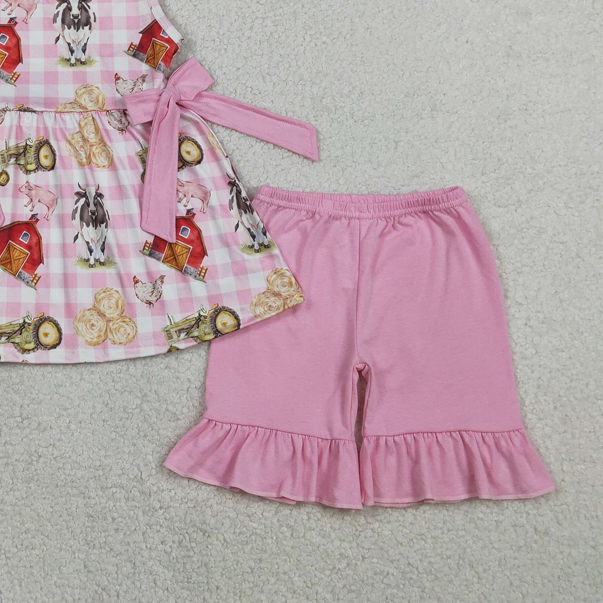 RTS NO MOQ GSSO3100 Baby Girls Sleeveless Pink Checked Tunic with Ruffle Shorts Farm Animal Print Outfit Set for Infants