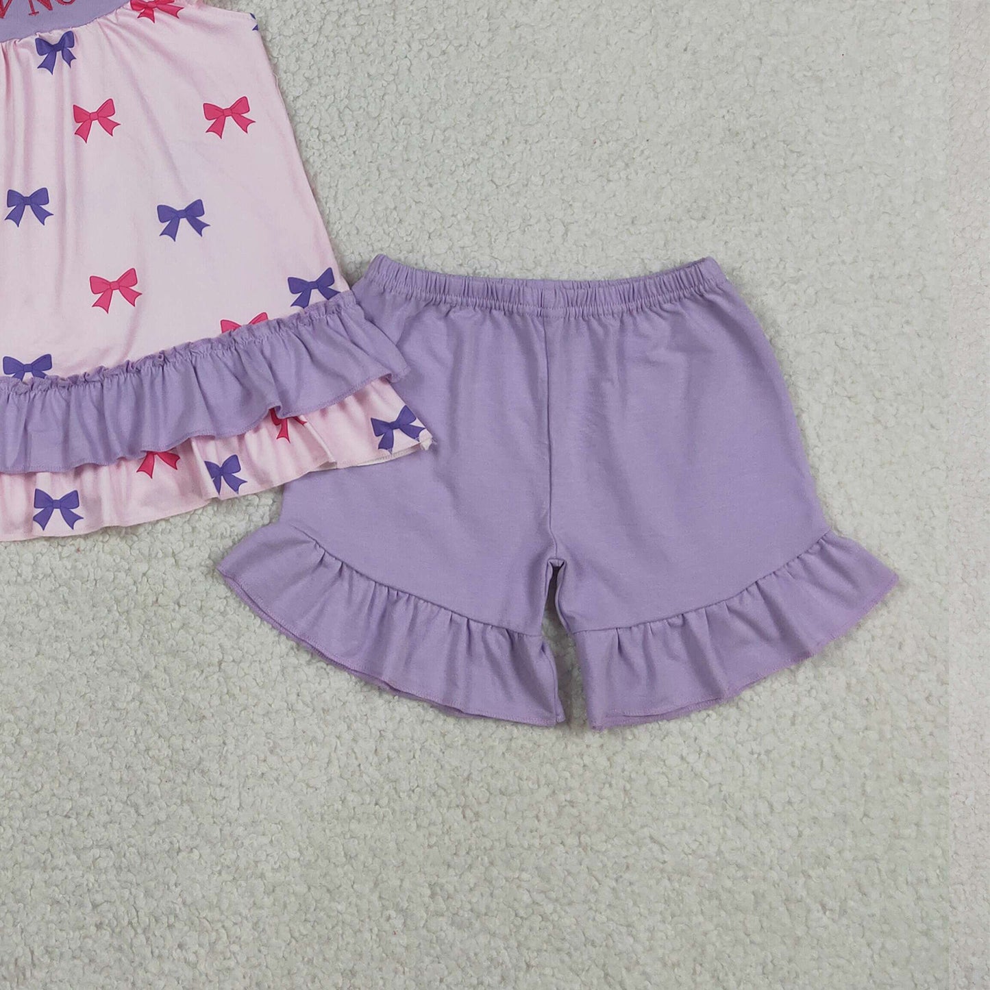 RTS NO MOQ milk silk GSSO3460 Baby Girls Embroidery Letter No Bows No Go Tunic Ruffle Shorts Sets