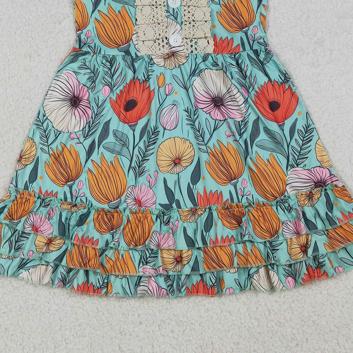 RTS NO MOQ GSD4093 Baby Girls Knee-Length Dress with Flutter Sleeves Colorful Flowers Button Ruffle(3-4T-14T）