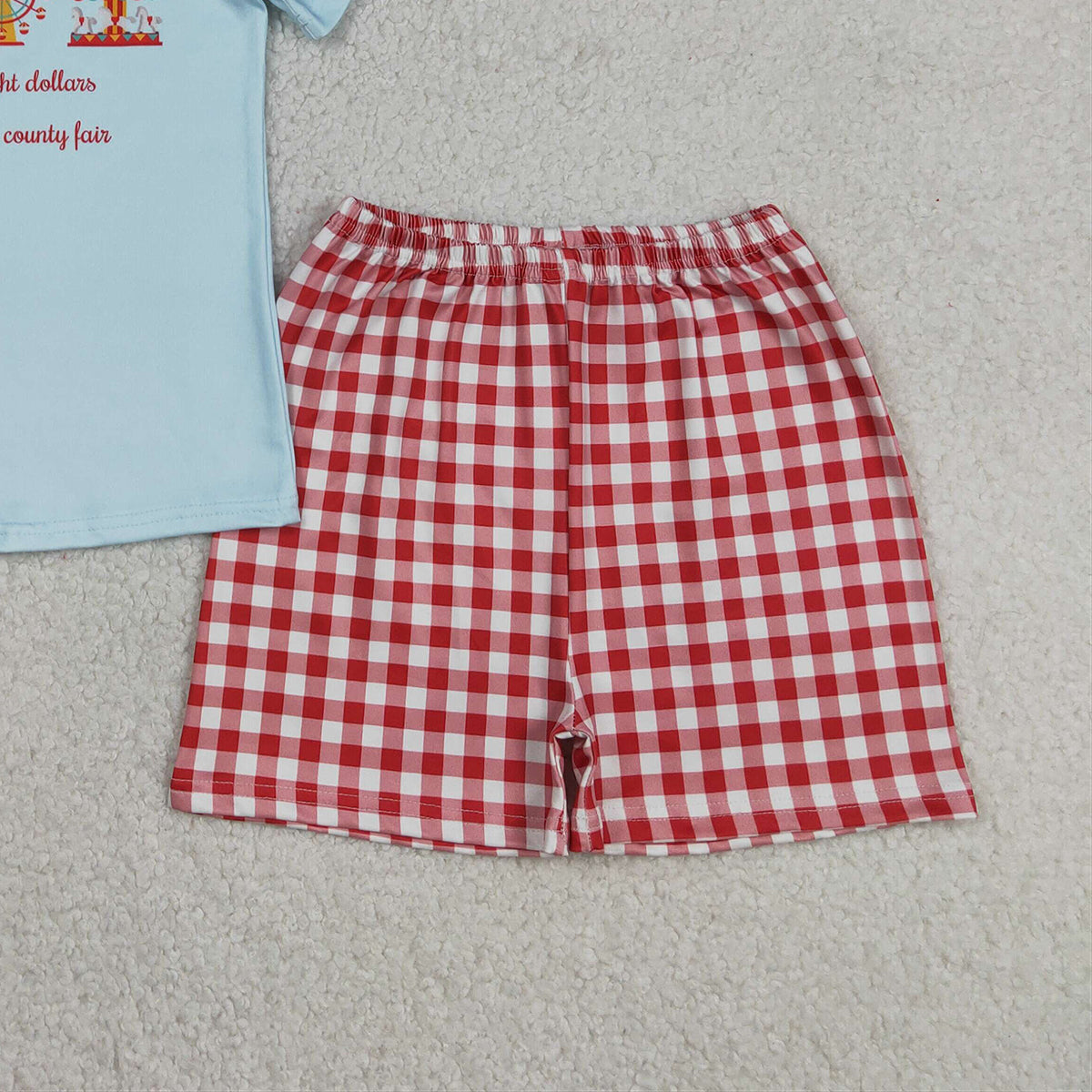 RTS NO MOQ BSSO1482 Baby Boys Blue Short Sleeve Top with Red Plaid Shorts Outfit Set for Infants