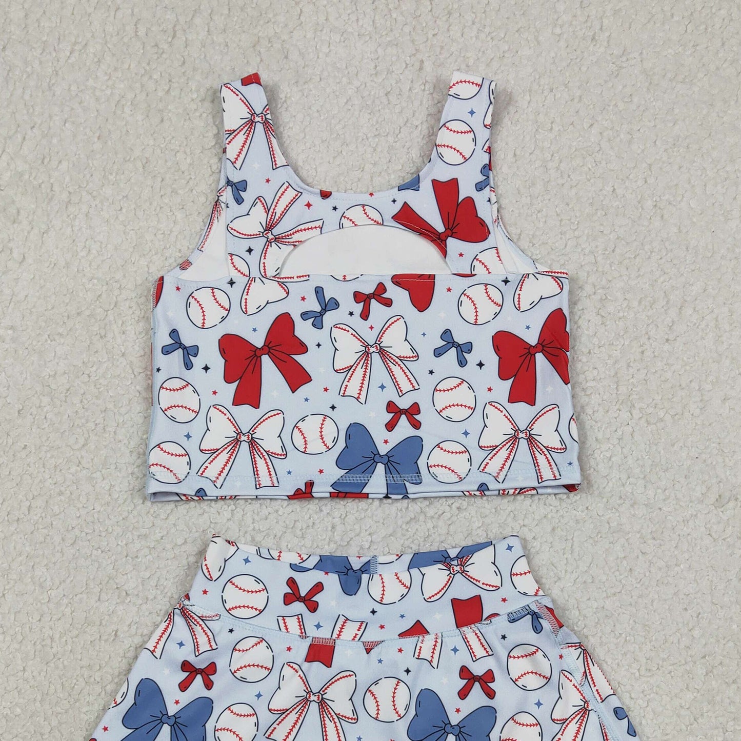 RTS NO MOQ GSD2151 yoga fabric Baby Girls Cute Bows 4th Of July Baseball Vest Skirt Yoga Set