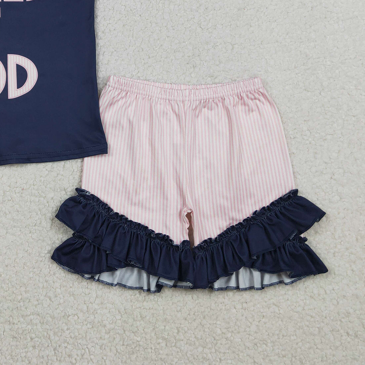RTS NO MOQ GSSO2933  Baby Girls' 'Child of God' Top And Ruffle Shorts Outfit Set with Flutter Sleeves for Infants And Toddlers