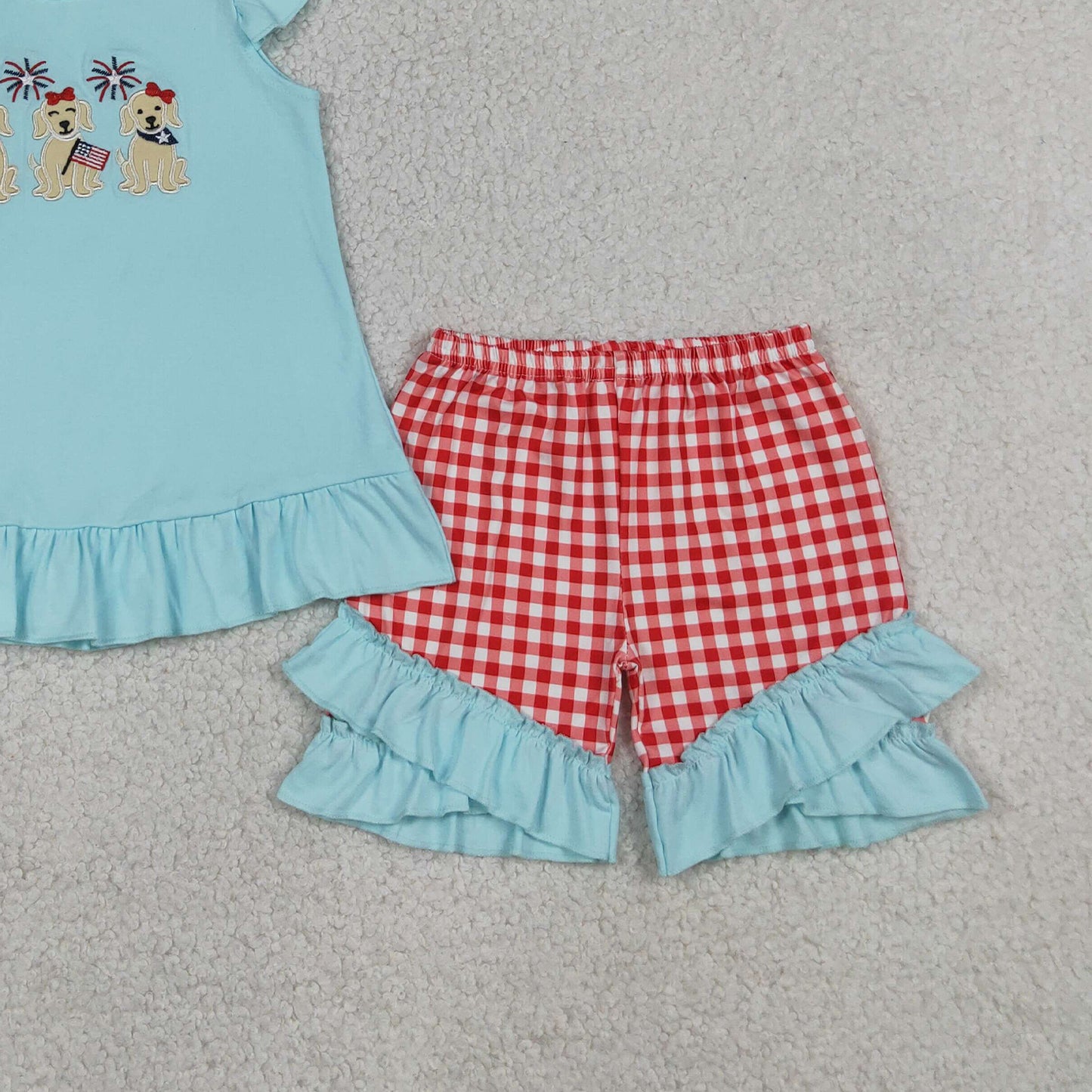 RTS NO MOQ milk silk GSSO3356 Baby Girls Embroidery Flag Dog Plaid Ruffle Short 4th of July Set