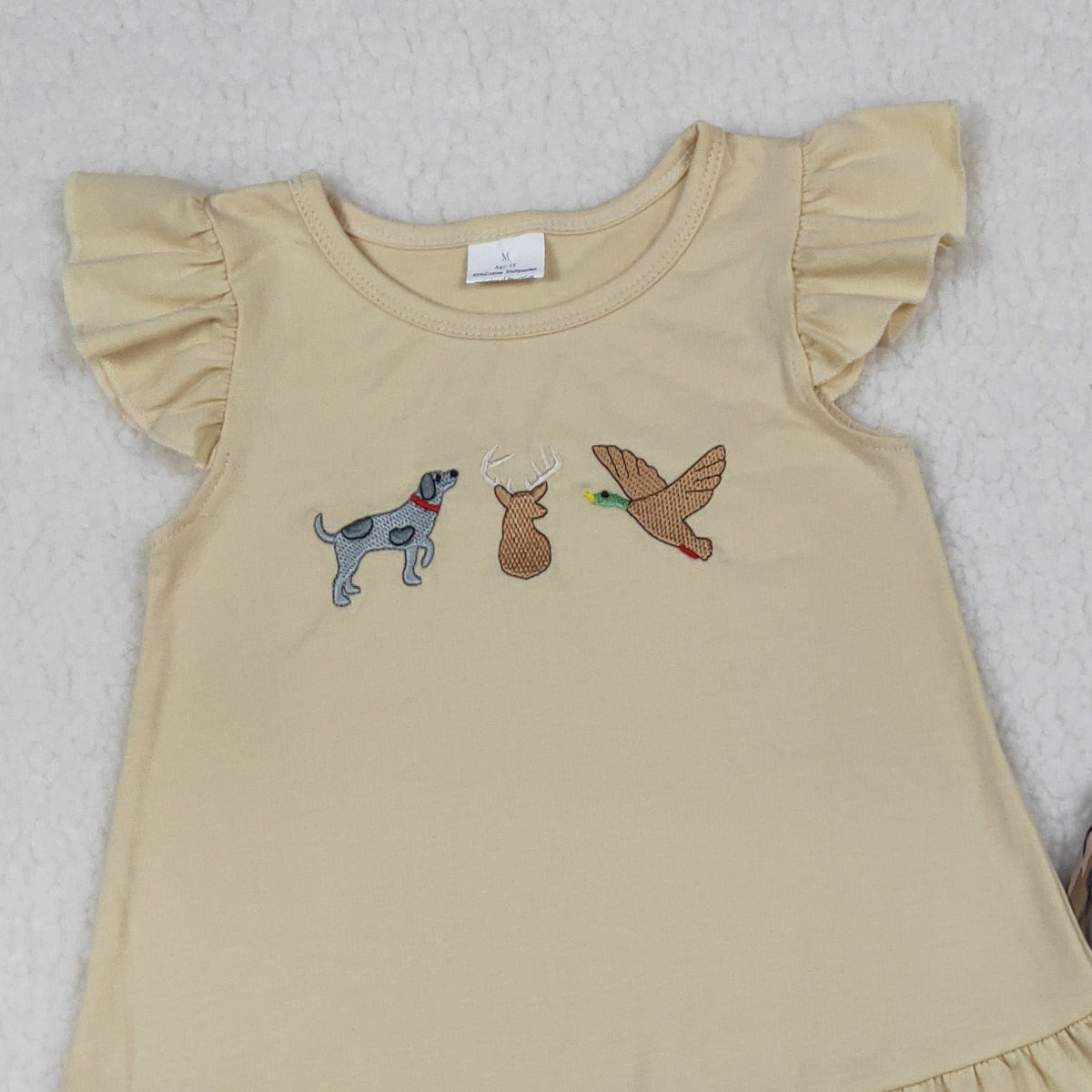 RTS NO MOQ GSSO3335 Baby Girls Hunting Embroidery Tunic And Olive Camo Shorts Set with Dog Ducks Deer