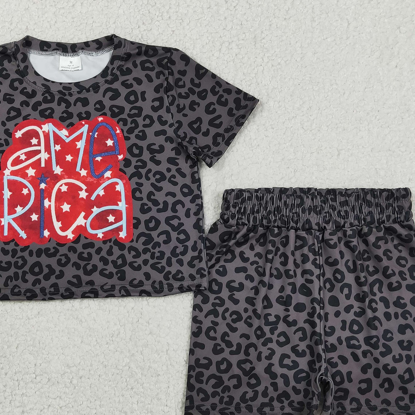 RTS NO MOQ GSSO2576 Baby Girls 4th Of July Summer Black Leopard American Star Slouchy Daily Wear Set