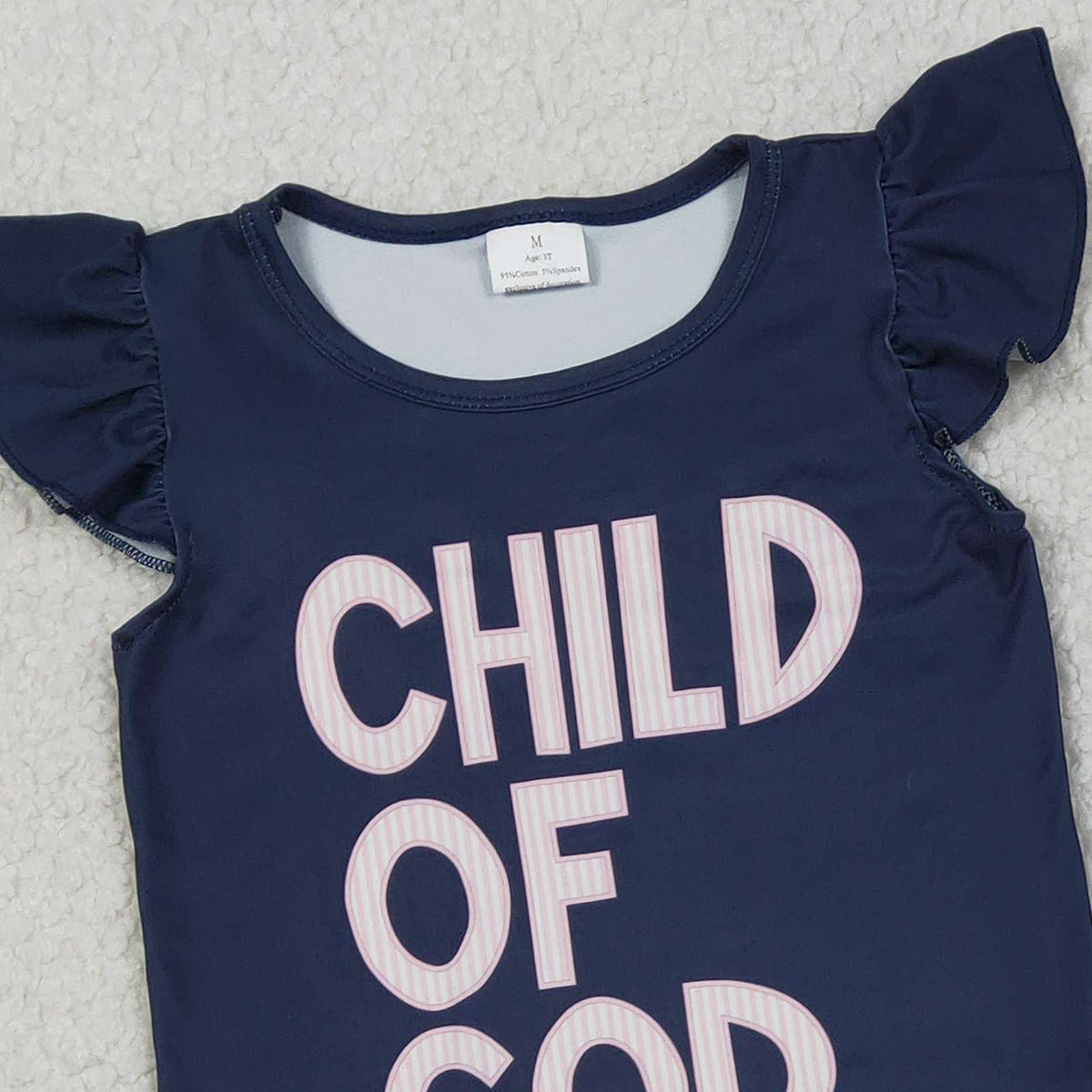 RTS NO MOQ GSSO2933  Baby Girls' 'Child of God' Top And Ruffle Shorts Outfit Set with Flutter Sleeves for Infants And Toddlers