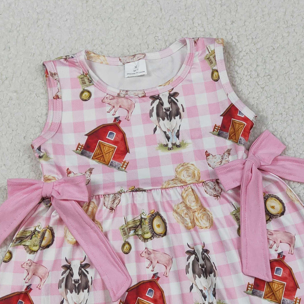 RTS NO MOQ GSSO3100 Baby Girls Sleeveless Pink Checked Tunic with Ruffle Shorts Farm Animal Print Outfit Set for Infants