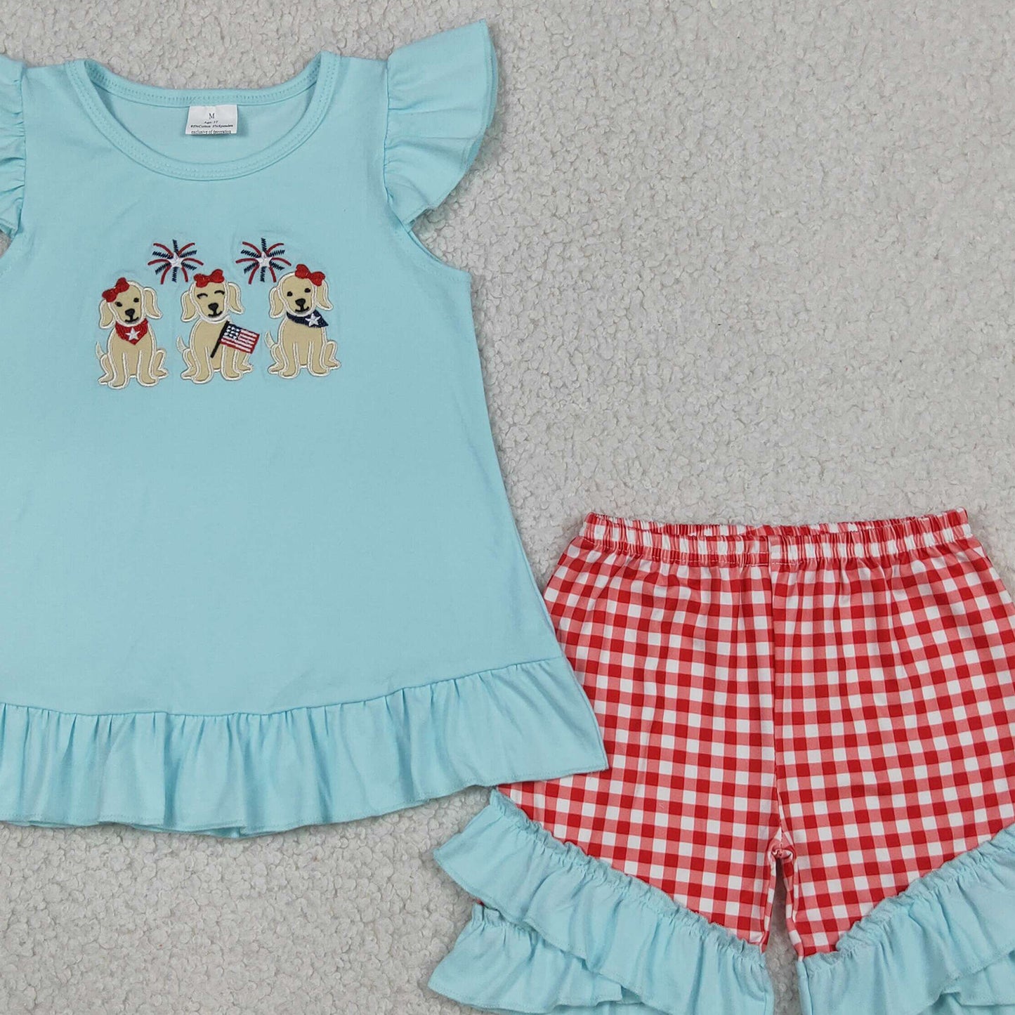 RTS NO MOQ milk silk GSSO3356 Embroidery Baby Girls Cute Flag Dogs Tunic Ruffle Checked Shorts Set 4th of July  Clothes