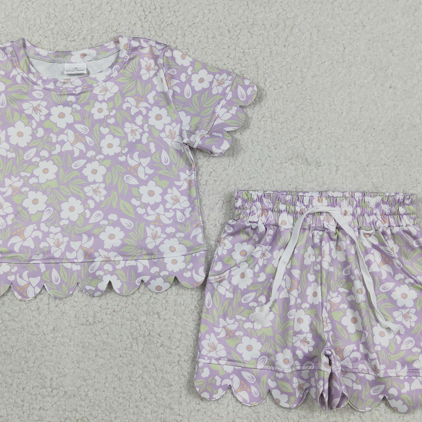 RTS NO MOQ milk silk GSSO3265 Baby Girls  Scallop Edge Colorful Flowers Short Sleeve Top Shorts Sets