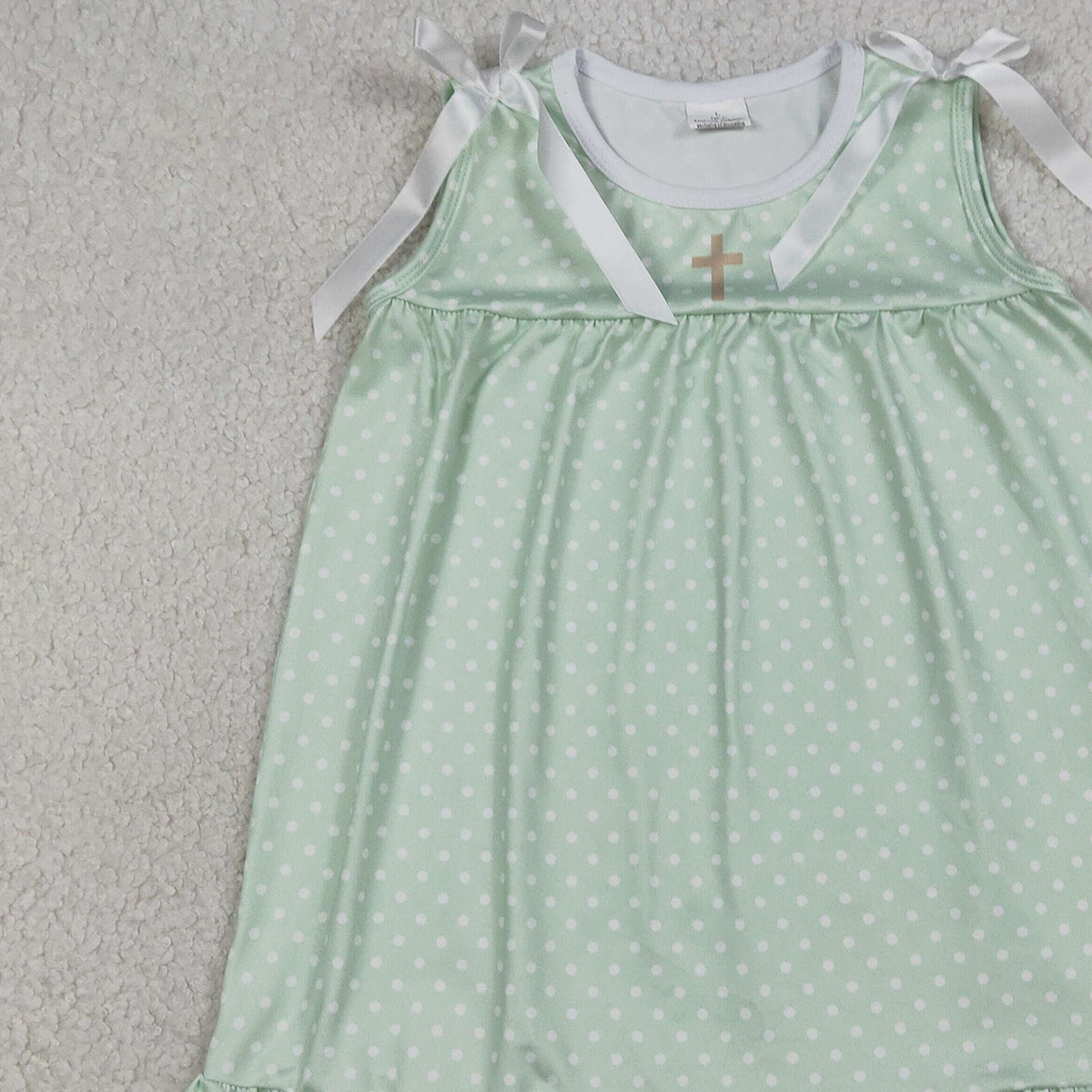 RTS NO MOQ GSD2860 Baby Girls Green Polka Dots Knee Length Ruffle Dress Easter Cross Outfit